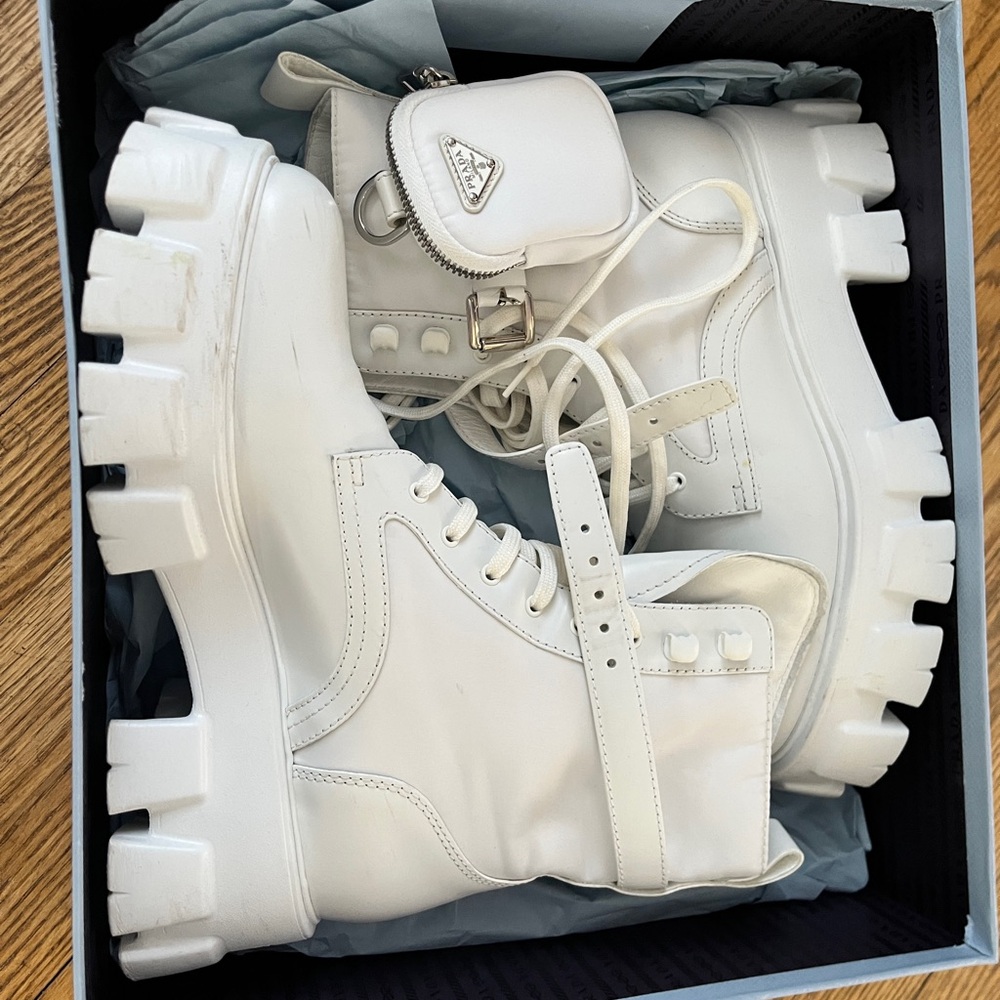 Prada White Combat Moto Boots AUTHENTIC